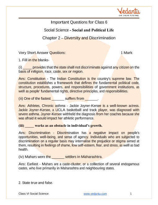 important questions for cbse class 6 social science social and political life chapter 2 diversity and discrimination
