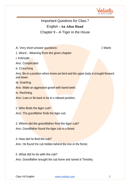 Important Questions For Cbse Class 7 English An Alien Hand Chapter 9 A Tiger In The House