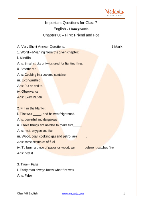 important questions for cbse class 7 english honeycomb chapter 8 fire friend and foe