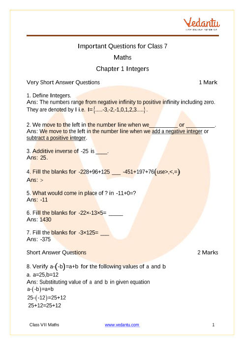 Cbse Class 7 Maths Worksheets Vedantu