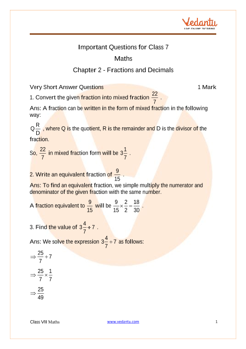 case study questions on fractions and decimals class 7