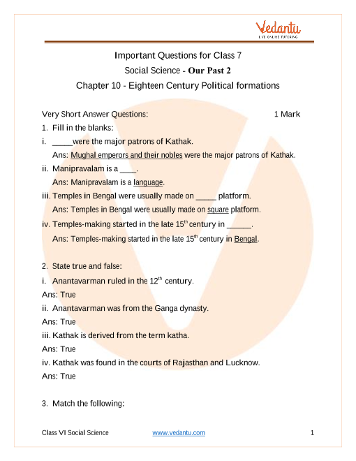 Important Questions For CBSE Class 7 Social Science Our Past 2 Chapter ...