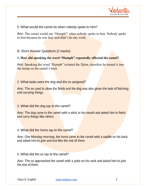 Important Questions For Cbse Class 8 English It So Happened Chapter 1 How The Camel Got His Hump