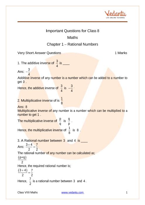 Download CBSE Class 8 Maths Chapter 1 Rational Numbers Important 