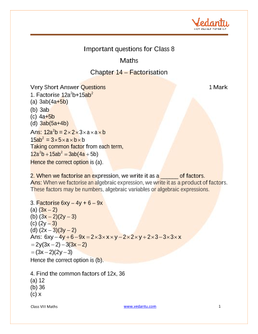 important questions for cbse class 8 maths chapter 14 factorisation