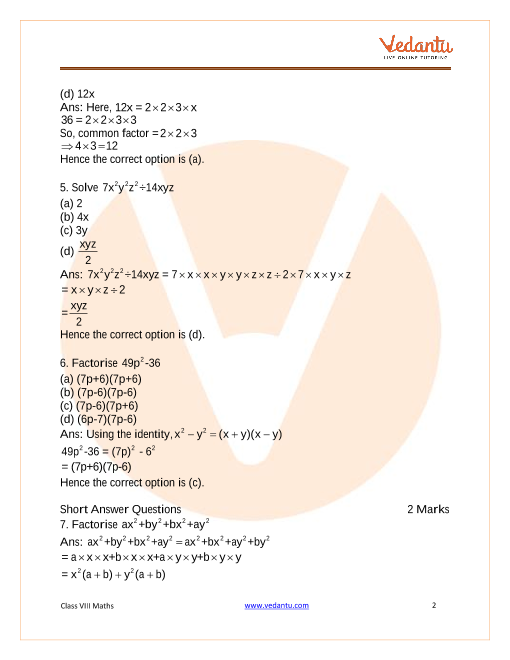 Important Questions For Cbse Class 8 Maths Chapter 14 Factorisation