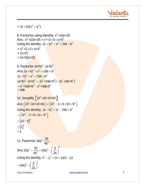 Important Questions For Cbse Class 8 Maths Chapter 14 Factorisation