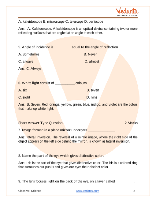 Lakhmir Singh Science Class 8 Solutions for Chapter 16 Light - Free PDF