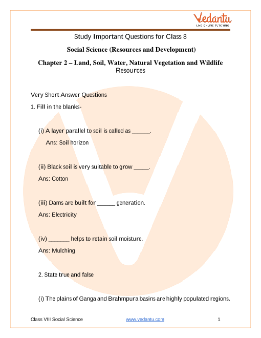 Important Questions For Cbse Class 8 Social Science Resources And Development Chapter 2 Land Soil Water Natural Vegetation And Wild Life Resources