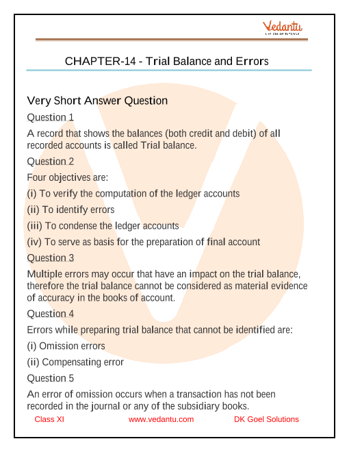 Dk Goel Solutions Class 11 Accountancy Chapter 14 Trial Balance And Errors