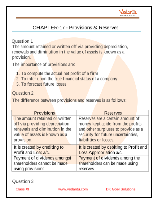 DK Goel Solutions Class 11 Accountancy Chapter 17 - Provisions and Reserves