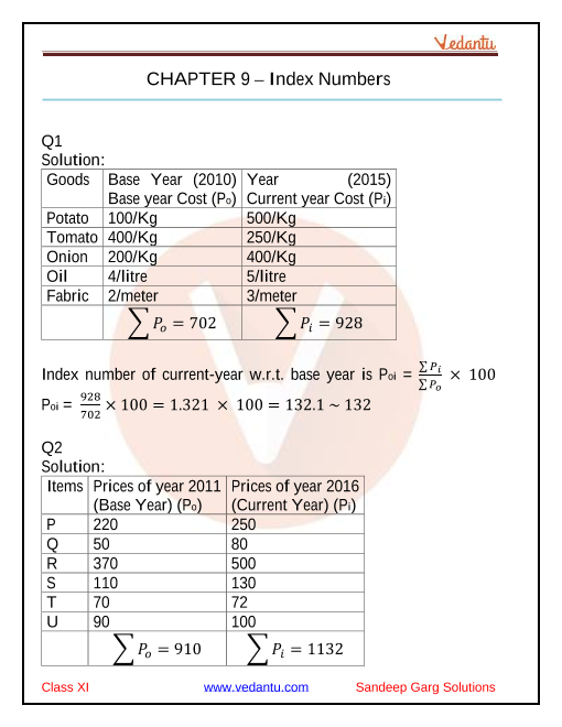 Sandeep Garg Economics Class 11 Solutions For Chapter 9 Index Numbers