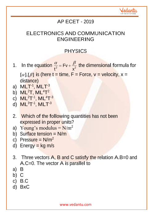 AP ECET Physics Question Paper 2019