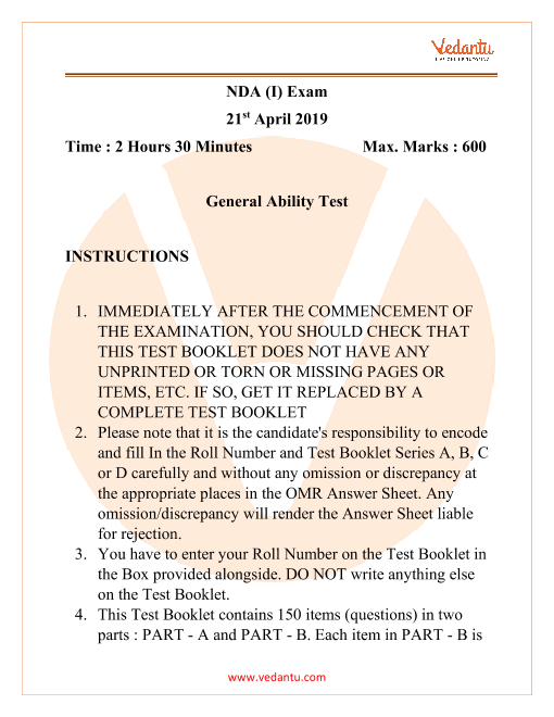 Nda 1 General Ability Test Question Paper 2019