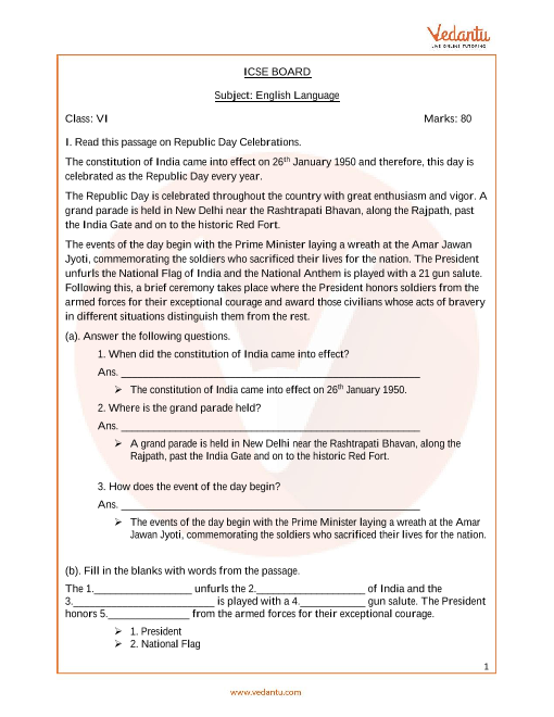 6th class essay 1 exam paper in english