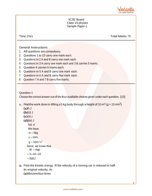 ICSE Sample Papers for Class 6 Physics Paper 1 (2021-2022)