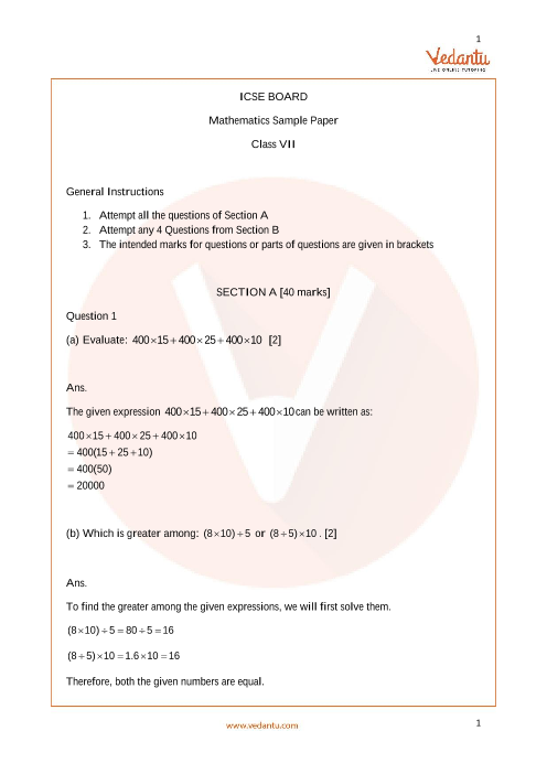 Maths Question Paper For Class 7 Icse Pdf 2023