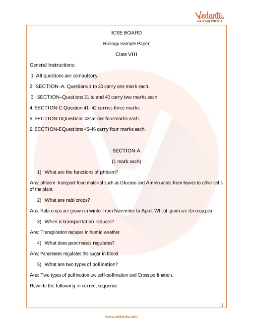 ICSE Sample Papers for Class 8 Biology Paper 1 (2019-2020)