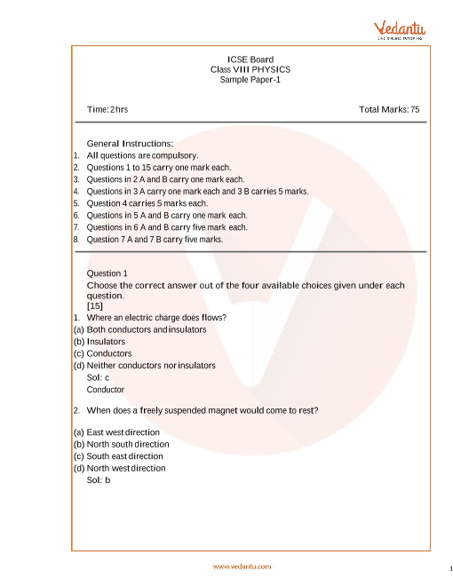 ICSE Sample Papers for Class 8 Physics Paper 1 (20222022)