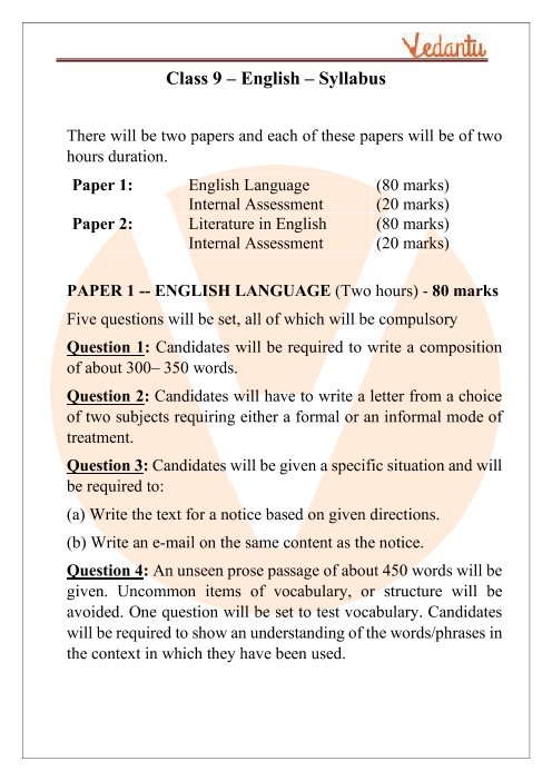 ICSE Class 9 English Syllabus 2022 2023 Examinations