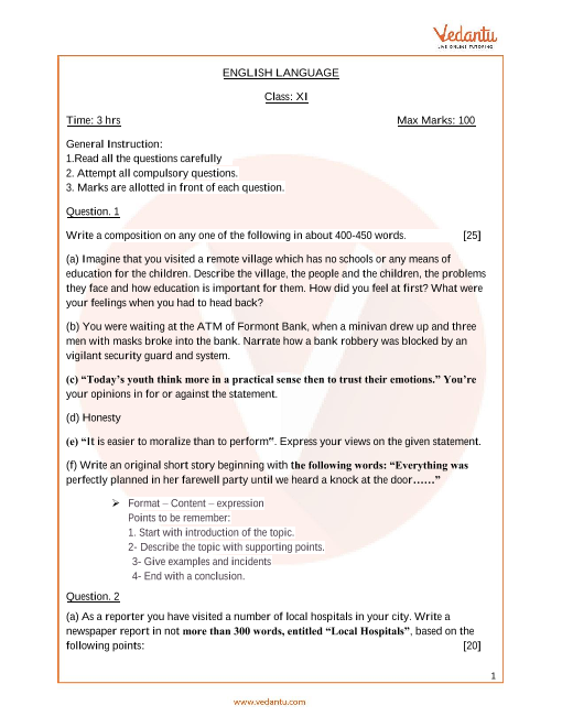 Sample Paper Of English Literature Class 11 Isc Exampless Papers