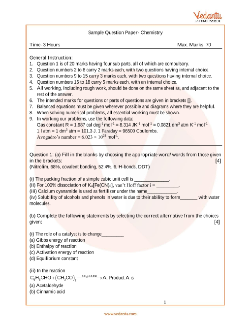 Isc Sample Papers For Class 12 Chemistry Paper 1 2022 2022 3383