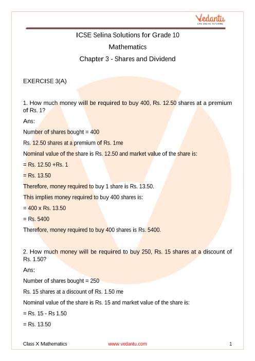 Selina Concise Mathematics Class 10 Icse Solutions For Chapter 3 Shares And Dividend