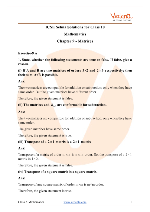 Selina Concise Mathematics Class 10 ICSE Solutions For Chapter 9 - Matrices