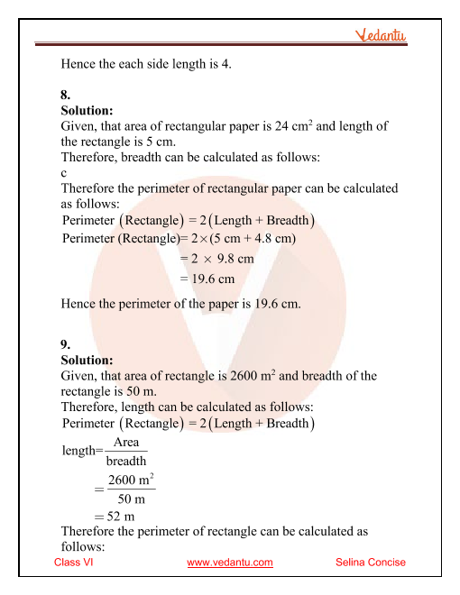 Selina Solutions Concise Mathematics Class 6 Chapter 32 Perimeter and Area  of Plane Figures download PDF