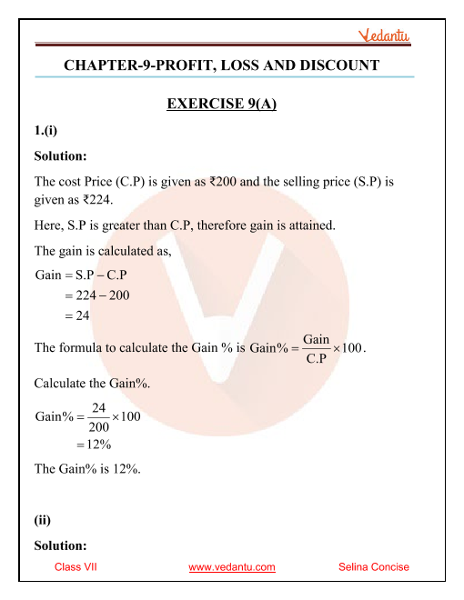 Selina Concise Mathematics Class 7 Icse Solutions For Chapter 9 Profit Loss And Discount