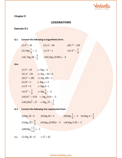 logarithm class 9 icse concise