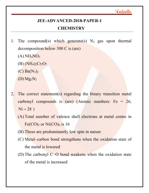 JEE Advanced 2018 Chemistry Question Paper-1 with Answer ...