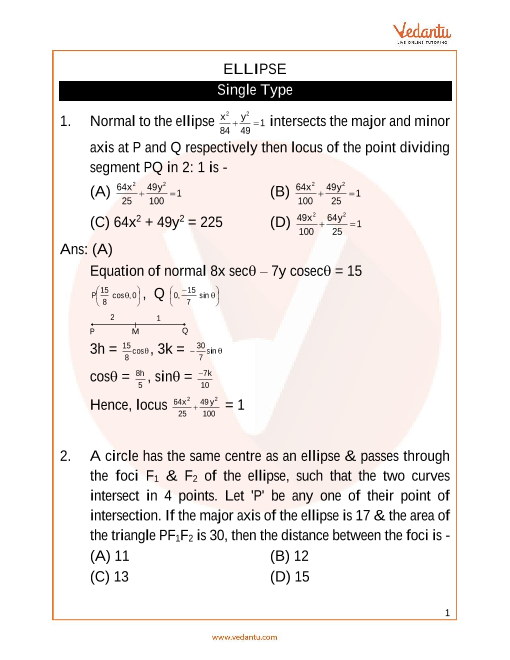 JEE Advanced Ellipse Important Questions