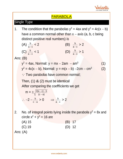 JEE Advanced Parabola Important Questions