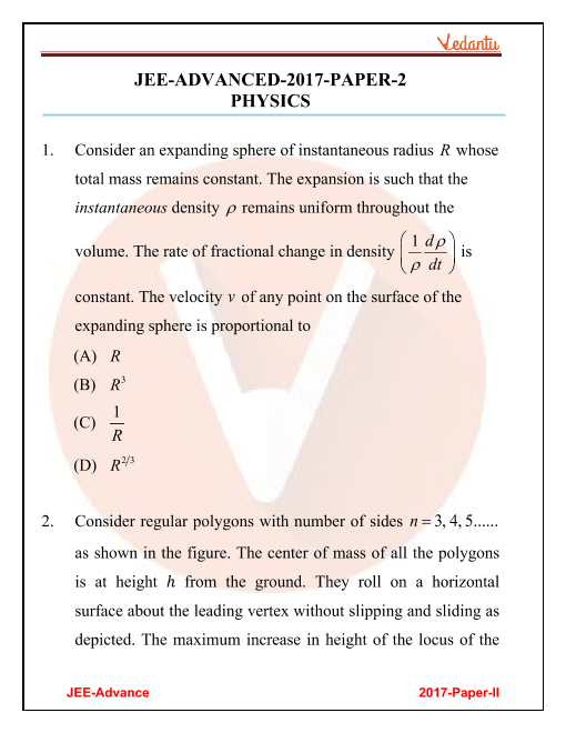 JEE Advanced 2017 Physics Question Paper2 with Answer Keys Free PDF