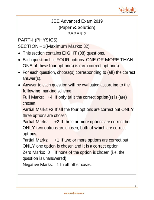 JEE Advanced 2019 Physics Question Paper 2 with Solutions