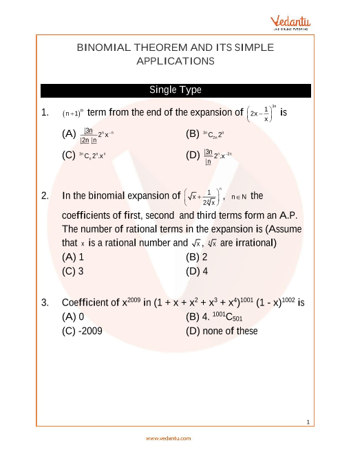 JEE Main Binomial Theorem and Its Simple Applications Important ...