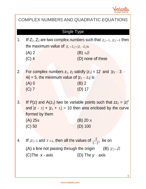 Jee Main Complex Numbers And Quadratic Equations Important Questions 6564