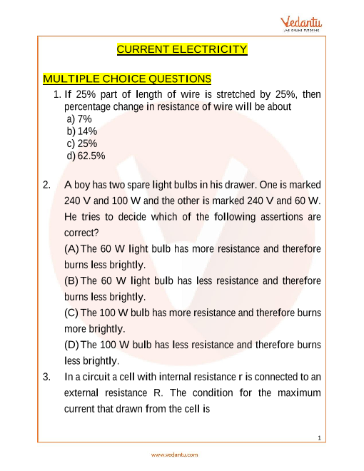 JEE Main Current Electricity Important Questions Free PDF Download