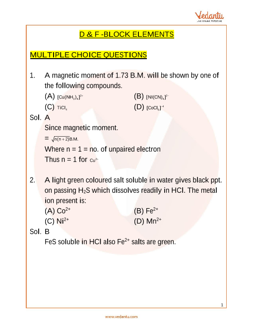 Jee Main D And F Block Elements Important Questions