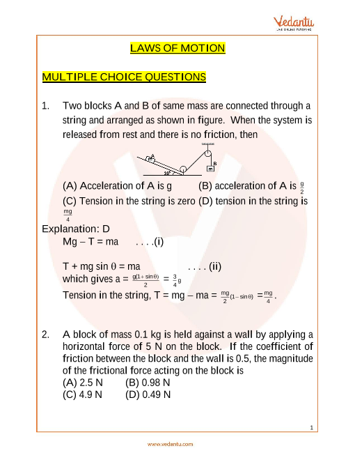 Jee Main Law Of Motion Important Questions Free Pdf 