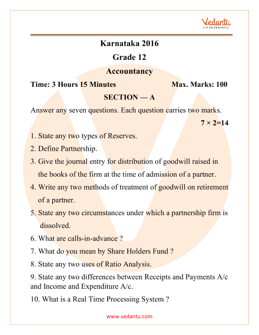 KSEEB Class 12 Accountancy Question Paper 2016