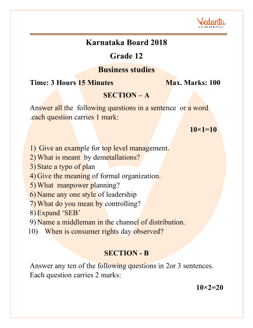 KSEEB Class 12 Business Studies Question Paper 2018