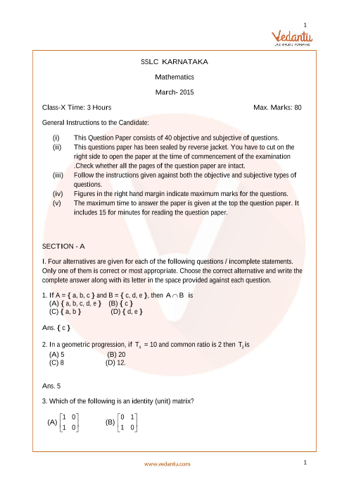 Karnataka Board (KSEEB) Question Paper for Class 10 Maths 2015