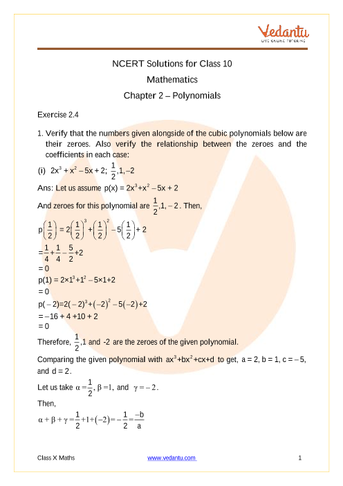 Ncert Solutions For Class 10 Maths Chapter 2 Polynomials Ex 2 4 Exercise 2 4