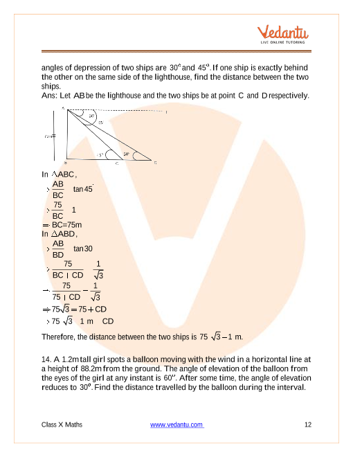 Height and Distance as an Application of Trigonometry with Solved