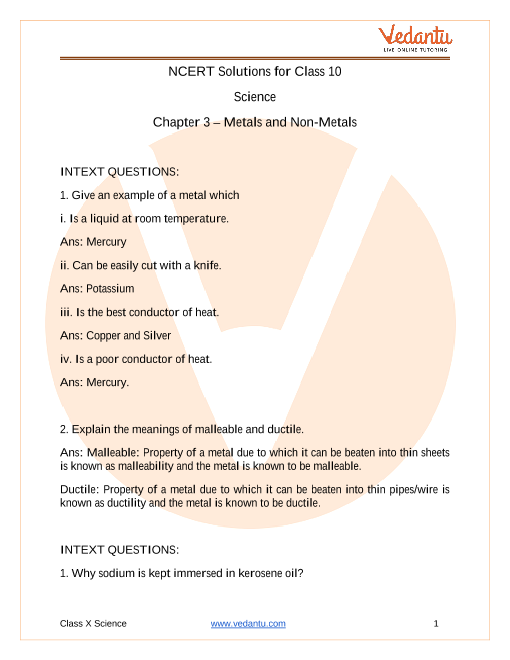 Ncert Solutions For Class 10 Science Chapter 3 Metals And Non Metals