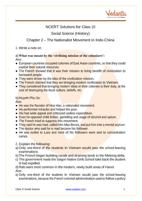 Ncert Solutions For Class 10 Social Science India And The Contemporary World Ii Chapter 2 The Nationalist Movement In Indo China