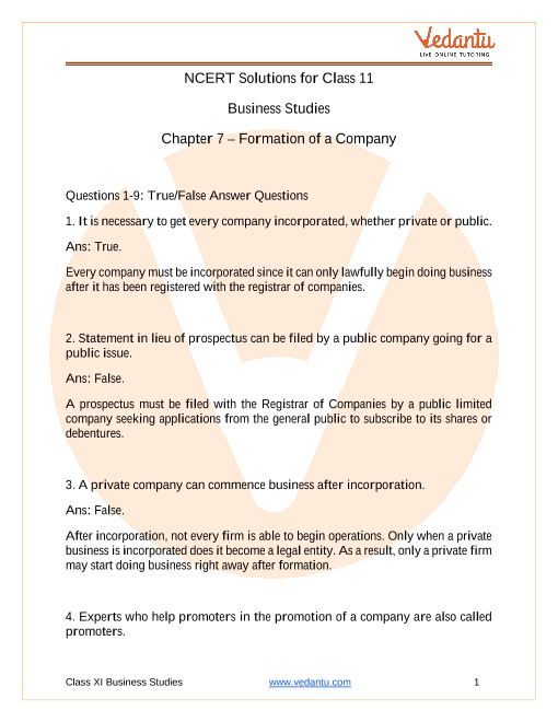 Ncert Solutions For Class 11 Business Studies Chapter 7 Formation Of A Company