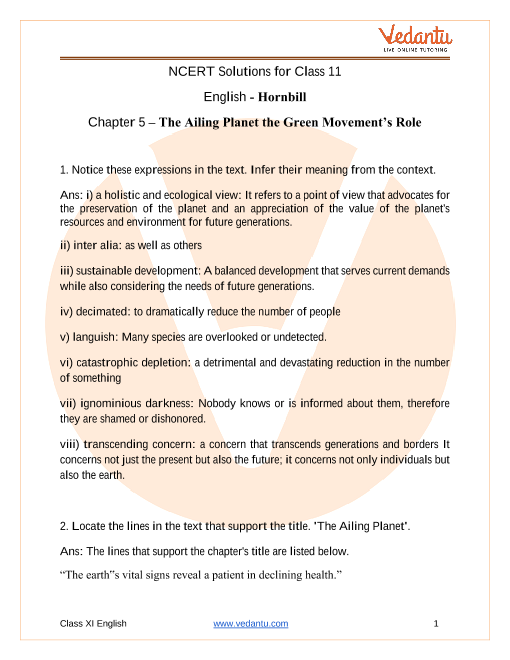 Ncert Solutions For Class 11 English Hornbill Chapter 5 The Ailing Planet The Green Movement S Role